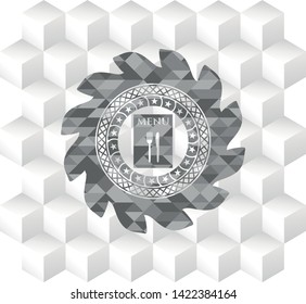 restaurant menu icon inside retro style grey emblem with geometric cube white background