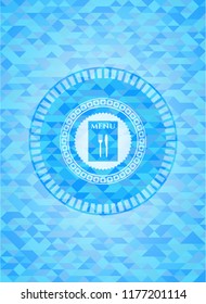 restaurant menu icon inside sky blue emblem with mosaic background