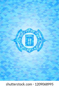 restaurant menu icon inside sky blue emblem with mosaic background