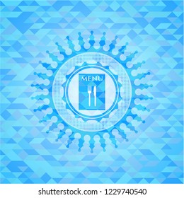 restaurant menu icon inside sky blue emblem with mosaic ecological style background