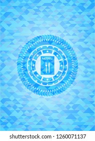 restaurant menu icon inside sky blue emblem with mosaic background