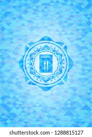 restaurant menu icon inside sky blue emblem. Mosaic background
