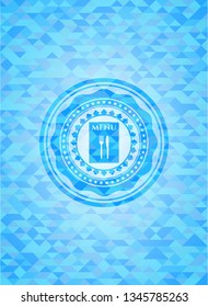 restaurant menu icon inside sky blue emblem with triangle mosaic background