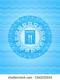 restaurant menu icon inside sky blue water wave badge.