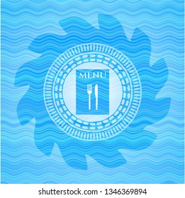 restaurant menu icon inside water representation badge background.