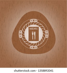 restaurant menu icon inside wood badge or emblem