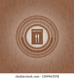 restaurant menu icon inside wood emblem. Vintage.