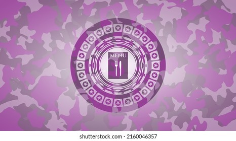 Restaurant Menu Icon On Pink Camo Pattern. 