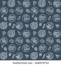 Restaurant menu icons pattern. World food seamless background. Various dishes Seamless pattern vector illustration