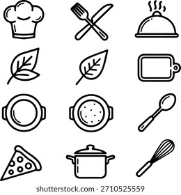 Iconos del menú del restaurante Conjunto de Vectores Utensilios de cocina y Elementos de diseño de servicio de comida Estilo elegante y moderno sobre fondo transparente.
