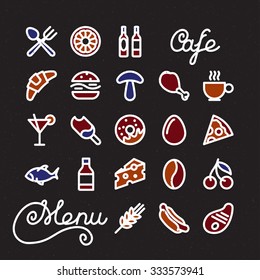 Restaurant Menu Icons for web and mobile. Modern minimalistic flat design elements of various meals, drinks, ingredients and kitchen utensils