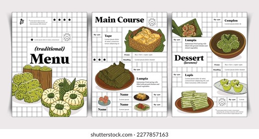 Restaurant Menu layout idea with Indonesian traditional culinary hand drawn illustration