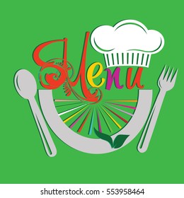 Restaurant menu. Light blue  banner card icon illustration with cook cap, dish with green leaves, spoon, fork and calligraphic floral lettering text. Perfect for organic vegan food.