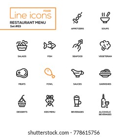 Menú de restaurante - conjunto de iconos de diseño de línea. Pictogramas negros de alta calidad. Aperitivos, sopas, ensaladas, mariscos, pescados, vegetarianos, carnes, aves, salsa, guarniciones, postres, para los niños, bebidas suaves y alcohólicas