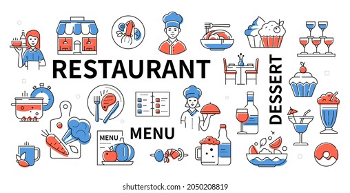 Restaurant menu - line design modern icon set in gentle blue and red color. A bunch of pictures with products, ingredients and dishes for eatery, cafe and home cooking. Vegetables, fruits, food