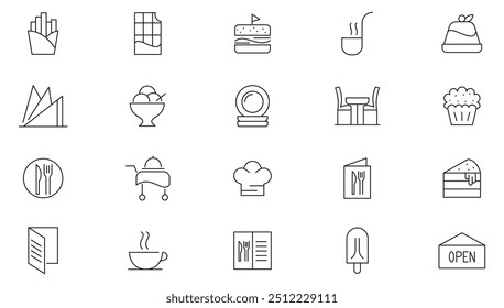 Restaurant menu line icon collection. Food and drink, table, chef, cooking, delivery, drink, water, kitchen, restaurant cafe menu, dishes, fruits, fastfood icon set. UI outline icon pack