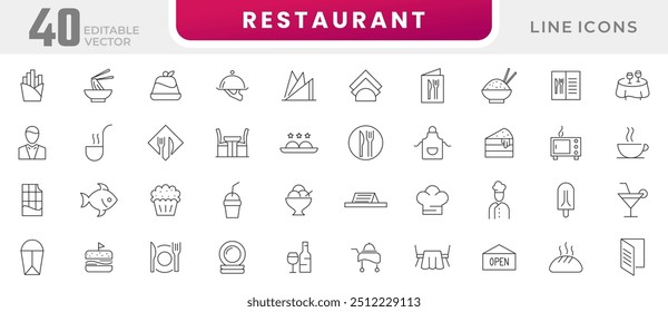 Restaurant menu line icon collection. Food and drink, table, chef, cooking, delivery, drink, water, kitchen, restaurant cafe menu, dishes, fruits, fastfood icon set. UI outline icon pack