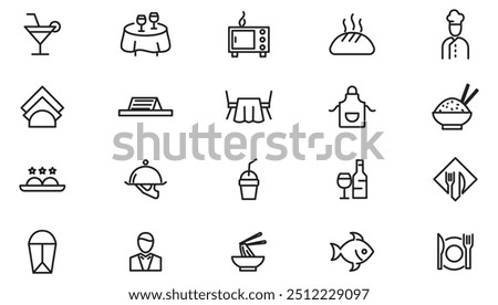 Restaurant menu line icon collection. Food and drink, table, chef, cooking, delivery, drink, water, kitchen, restaurant cafe menu, dishes, fruits, fastfood icon set. UI outline icon pack