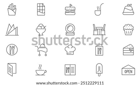 Restaurant menu line icon collection. Food and drink, table, chef, cooking, delivery, drink, water, kitchen, restaurant cafe menu, dishes, fruits, fastfood icon set. UI outline icon pack