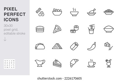 Restaurant menu line icon set. Sandwich, shawarma, soup, salad, pasta, tacos, pizza, eggs and bacon minimal vector illustration. Simple outline sign for kitchen. 30x30 Pixel Perfect, Editable Stroke