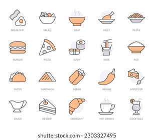 Restaurant menu line icon set. Sandwich, shawarma, soup, salad, pasta, tacos, pizza, eggs and bacon minimal vector illustration. Simple outline sign for kitchen. Orange color. Editable Stroke