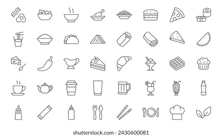 Conjunto de iconos de línea de menú de restaurante. Platos - desayuno, ensalada, sopa, kebab, taco, arroz wok, sándwich, pasta, palillos contorno ilustración vectorial. Pictograma lineal simple para alimentos. Trazo editable