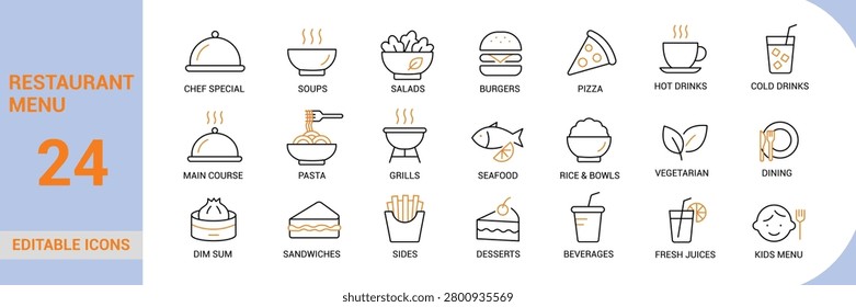 Restaurant Menu Line Icon Set Featuring Food Categories, Dining Services, Beverages, Cuisine, and Hospitality Vector Symbols Collection