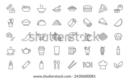 Restaurant menu line icon set. Dishes - breakfast, salad, soup, kebab, taco, wok rice, sandwich, pasta, chopsticks outline vector illustration. Simple linear pictogram for food. Editable Stroke