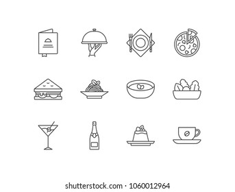 Restaurant menu line icons set with main course, pizza, sandwich, pasta, soup, salad, cocktail, wine, dessert, coffee.