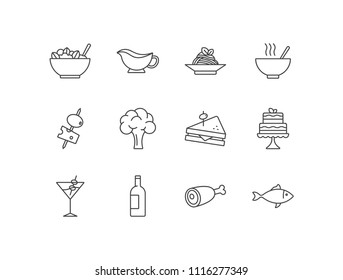 Restaurant menu line icons set with salad, sauce, pasta, soup, appetizer, vegetarian food, sandwich, dessert, cocktail, wine, meat, seafood.