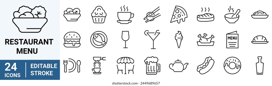 Restaurant menu line icons set. Salad, breakfast, fast food dinner, pizza, pasta, sushi, cocktails, vegetarian meal, vector illustration. Editable Stroke