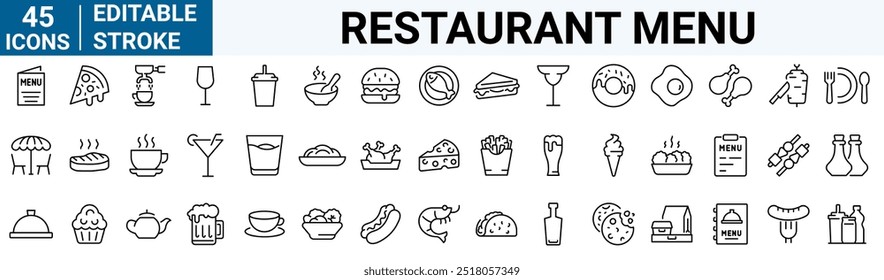 Die Symbole der Speisekarte des Restaurants sind gesetzt. Salat, Frühstück, Fast Food Dinner, Pizza, Pasta, Sushi, Cocktails, vegetarisches Essen, Vektorgrafik. Bearbeitbarer Strich