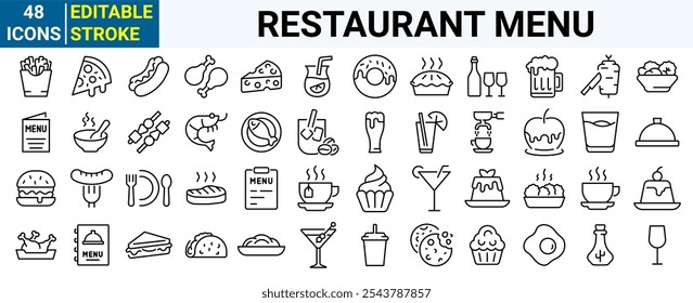 Restaurant menu line icons set. Salad, breakfast, fast food dinner, pizza, pasta, sushi, cocktails, vegetarian meal, vector illustration. Editable Stroke