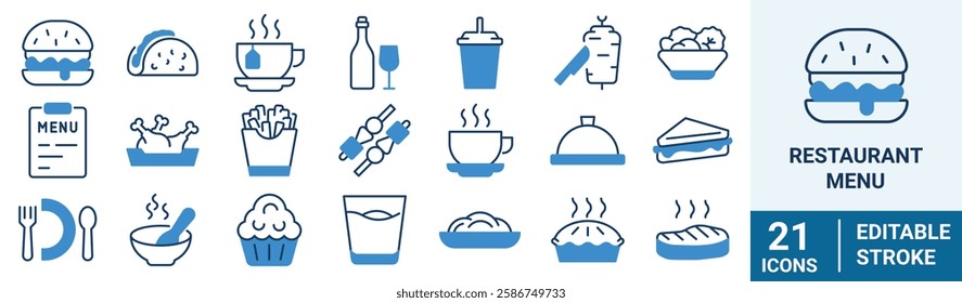 Restaurant menu line icons set. Salad, breakfast, fast food dinner, pizza, pasta, sushi, cocktails, vegetarian meal, vector illustration. Editable Stroke