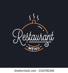 Restaurant menu logo. Round linear logo of tray cloche on black background