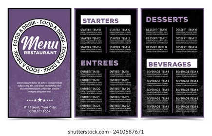 Restaurant menu modern design template with grunge texture background lavender color