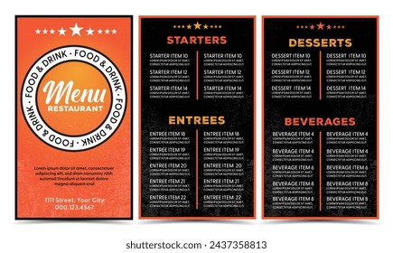 Restaurant menu modern orange and black design template with grunge abstract texture background