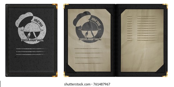 Restaurant menu notepad in black leather binding, isolated object on white background. The image was created without trace.