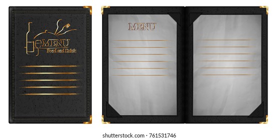 Restaurant Menu Notepad In Black Leather Binding, Isolated Object On White Background.