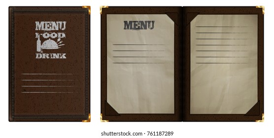 Restaurant menu notepad in brown leather binding, isolated object on white background.