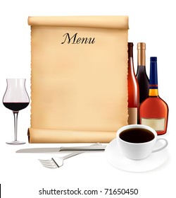 Menú de restaurante en el viejo pergamino de papel y café. Vector.