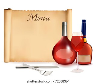 Restaurant menu on the old scroll of paper and bottles of wine. EPS10 with transparency. Vector.