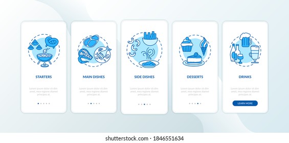 Restaurant-Menü on-boarding mobile app Seite Bildschirm mit Konzepten. Speisekarte. Verschiedene Gerichte, die in 5 Stufen durch grafische Anleitungen gehen. UI-Vektorvorlage mit RGB-Farbillustrationen