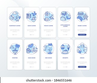Menú de restaurante a bordo de la pantalla de la aplicación móvil con los conceptos definidos. Diferentes tipos de comidas. Recorrido de variedad de alimentos 10 pasos instrucciones gráficas. plantilla de vector de interfaz de usuario con ilustraciones de color RGB