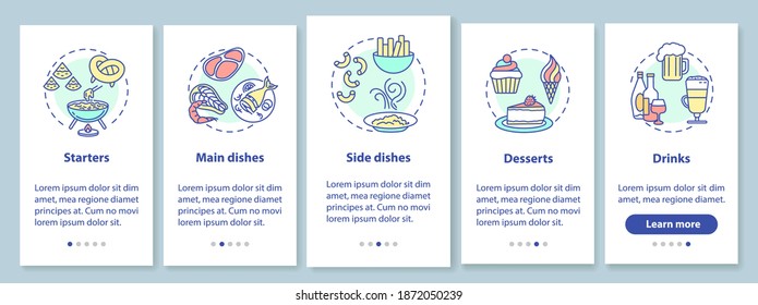 Restaurant menu onboarding mobile app page screen with concepts. Food variety. Different meals walkthrough 5 steps graphic instructions. UI vector template with RGB color illustrations
