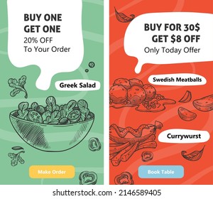 Restaurant menu online with discounts and special offers for clients. Buy one get sale, swedish meatballs and greek salad, currywurst. Website internet landing page template, vector in flat style