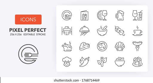 Restaurant and menu options thin line icon set. Outline symbol collection. Editable vector stroke. 256x256 Pixel Perfect scalable to 128px, 64px...