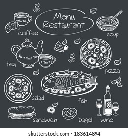 Restaurant menu. Pictures drawn in chalk on a blackboard. Vector illustration.
