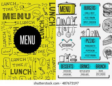 Restaurant menu placemat food brochure, cafe template design. Vintage creative dinner flyer with hand-drawn graphic. 