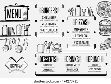 Restaurant menu placemat food brochure, cafe template design. Vintage creative dinner flyer with hand-drawn graphic. 